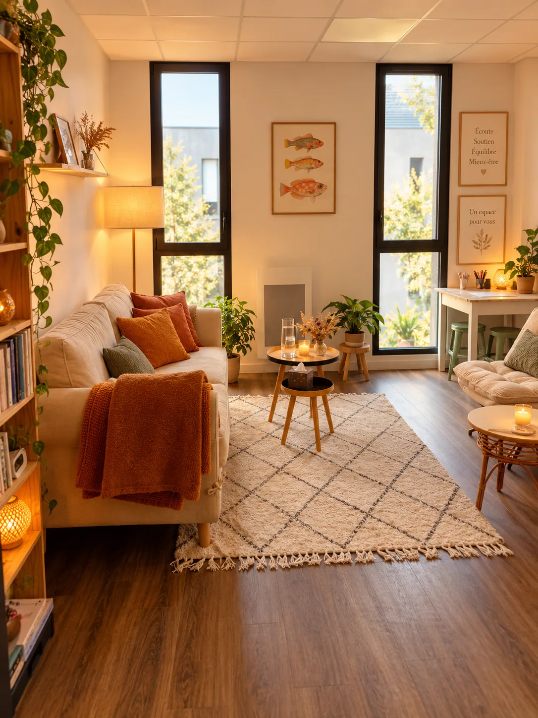 Cabinet chaleureux avec canapé, plantes, lumière douce et fauteuils